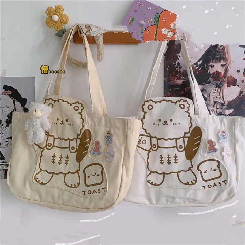 🌼TÚI TOTE GẤU BÁNH MÌ CHẤT CANVAS KHOÁ KÉO TẶNG KÈM HUY HIỆU🌸 T1