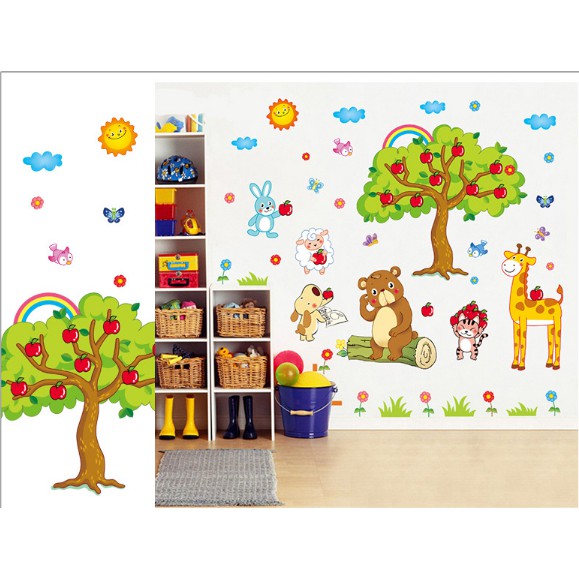 Decal trang trí tường các thú vui chơi cùng cây Táo lớn ( Kèm Video thật )