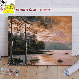 (Loại Khung dày) Tranh sơn dầu số hóa mã VN009 " Chiều quê " tranh phong cảnh Việt Nam size 40x50cm