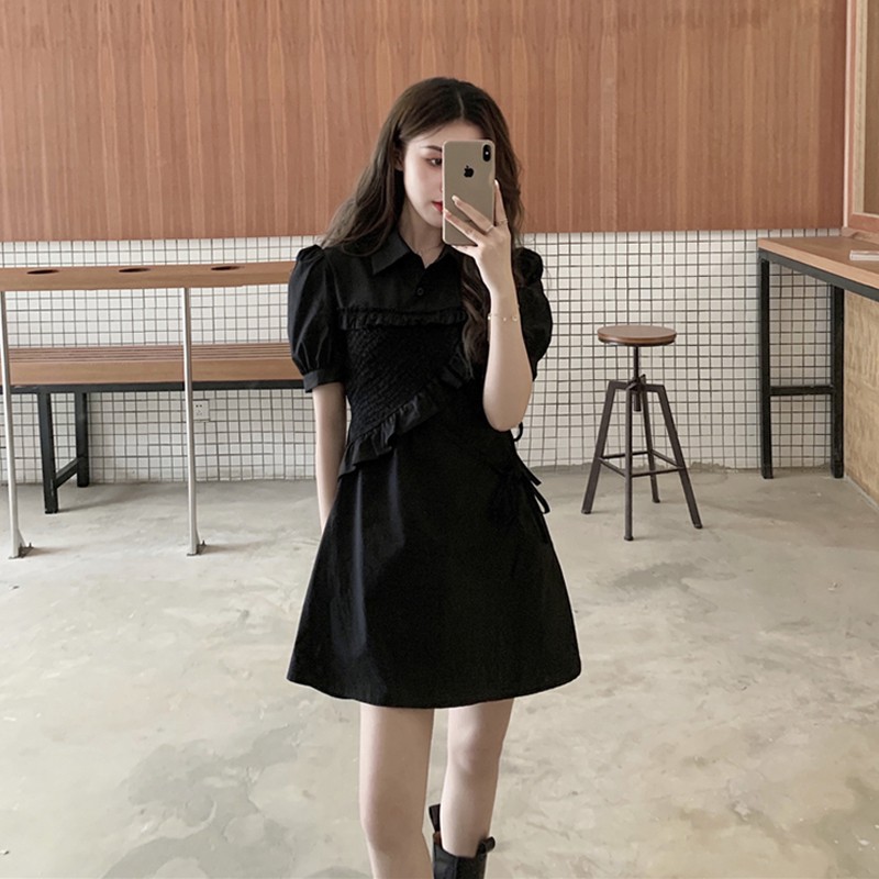 ORDER Váy ulzzang hàn quốc dáng ngắn đen tay phồng tiểu thư ca tính