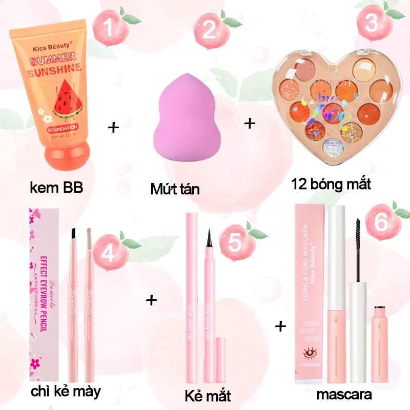 Bộ trang điểm chuyên nghiệp 6 món cá nhân tone đào KISS BEAUTY bộ mỹ phẩm set đầy đủ makeup combo KB-6JT-E01