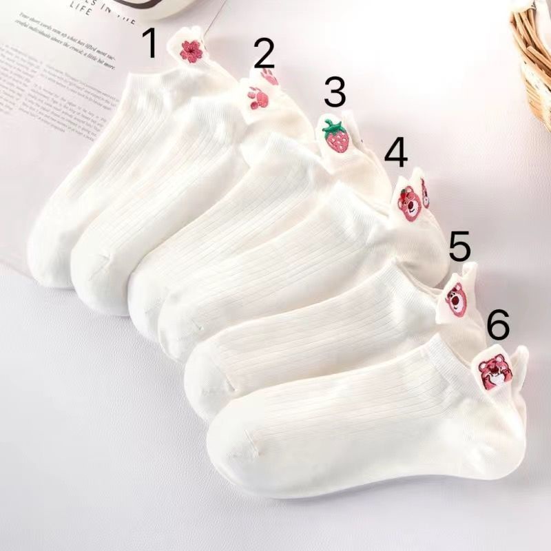 Vớ Cổ Thấp Thêu Hình Quả Dâu Tây/Gấu Dễ Thương Phong Cách Nhật Bản Cho Nữ