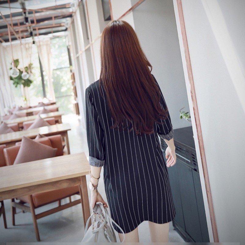 Đầm sơmi họa tiết kẻ sọc tay dài cổ bẻ thanh lịch thời trang cho nữ | BigBuy360 - bigbuy360.vn