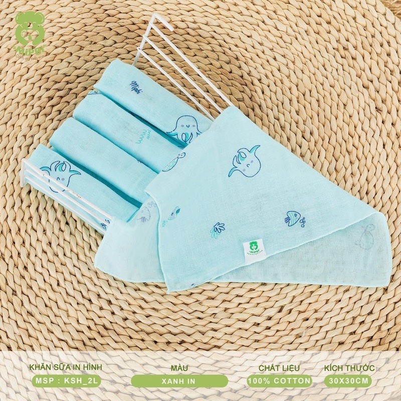 Sỉ. Set 5 Khăn sữa MIPBI 2 lớp cotton in hình 30x30cm 100% vải cotton không xù không bai Việt Nam