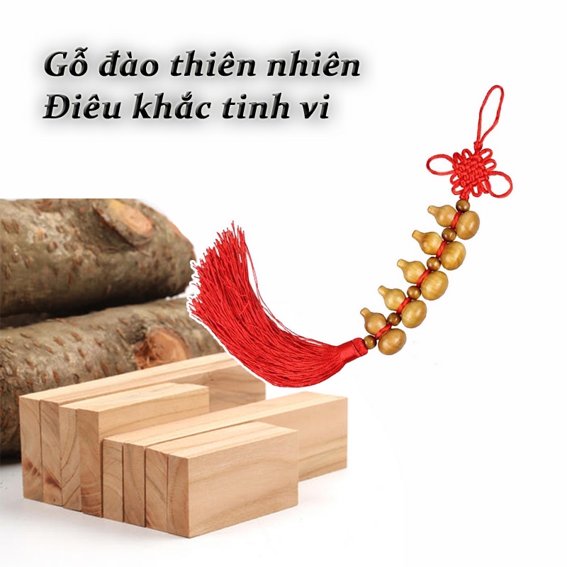 Dây treo xe hơi ô tô Hồ lô ngũ phúc (5 hồ lô) gỗ đào thu khí hóa sát phù hộ bình an