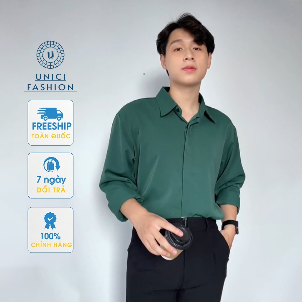 Áo sơ mi nam nữ dài tay giấu khuy xanh lá đậm unisex form rộng hàn quốc cao cấp SML01