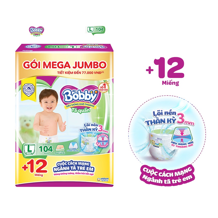 Tã quần Bobby mới Mega Jumbo M120/L104/L96 miếng