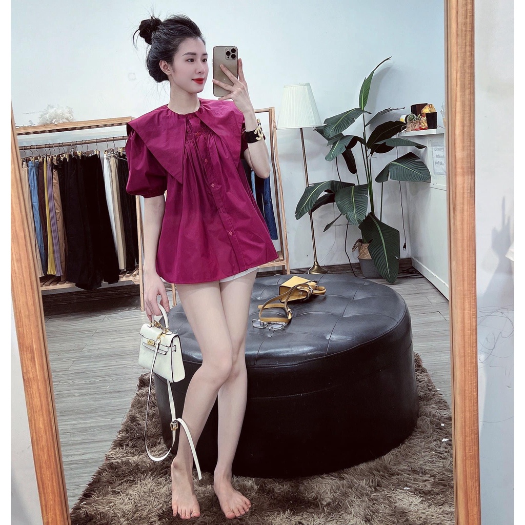 Áo sơ mi kiểu tay bồng cổ bèo vạt nhọn chất thô lụa hàng thiết kế phối với quần,chân váy đều xinh ạ | BigBuy360 - bigbuy360.vn