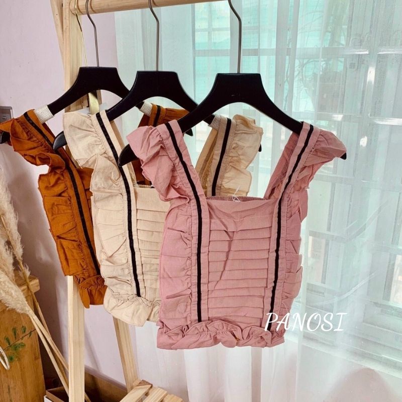 Áo kiểu nữ sát nách họa tiết xếp ly cánh tiên chất đũi mền mát PANOSI - Mã A619