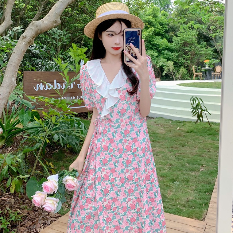 Đầm hoa PERTY cổ chữ V phối bèo phong cách Hàn Quốc thời trang mùa hè xinh xắn cho nữ