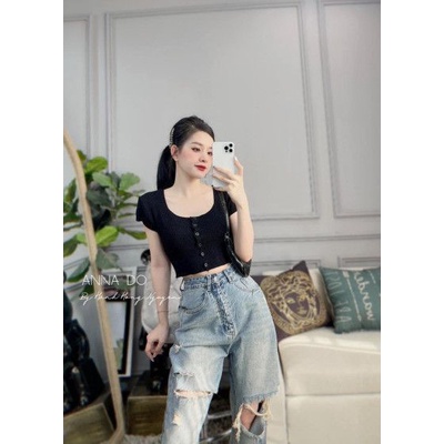Áo nữ kiểu montoghi khuy cổ vuông cộc dáng ngắn croptop xinh xắn