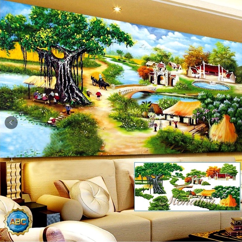 (GIÁ SỈ) Tranh đính đá phong cảnh làng quê, tranh đinh đá tự làm khổ lớn cây đa giếng nước