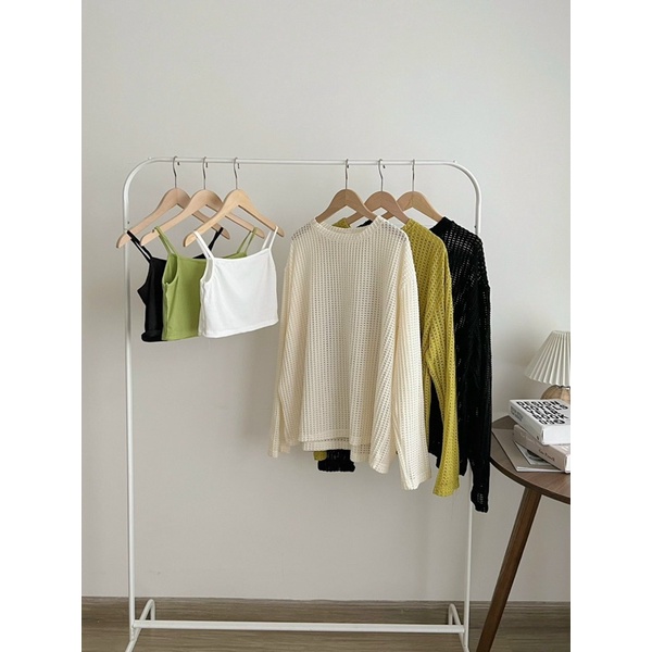 Set áo 2s croptop kèm áo lưới cổ tròn tay dài freesize Pumi