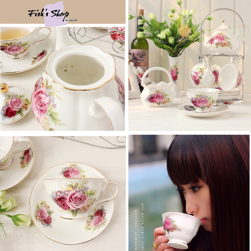 Set ấm trà hoa 9 chiếc giá treo