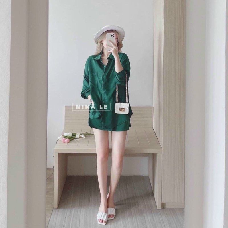 Sét bộ sơ mi quần đùi áo sơmi tay dài chất tuyết nhung cao cấp