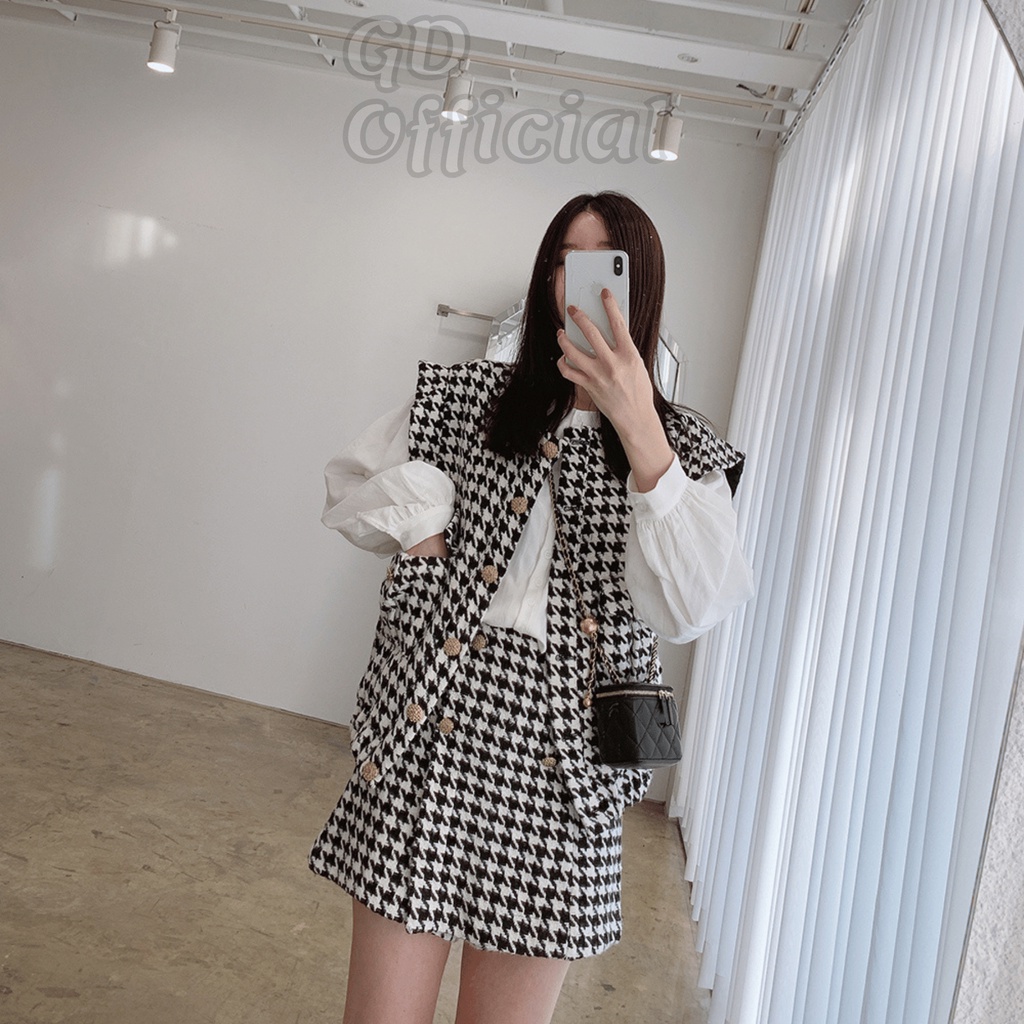 B11|Set bộ nữ dạ tweed áo gile tanktop khóa cài, váy cạp cao chữ A,sơ mi thanh lịch gd_order