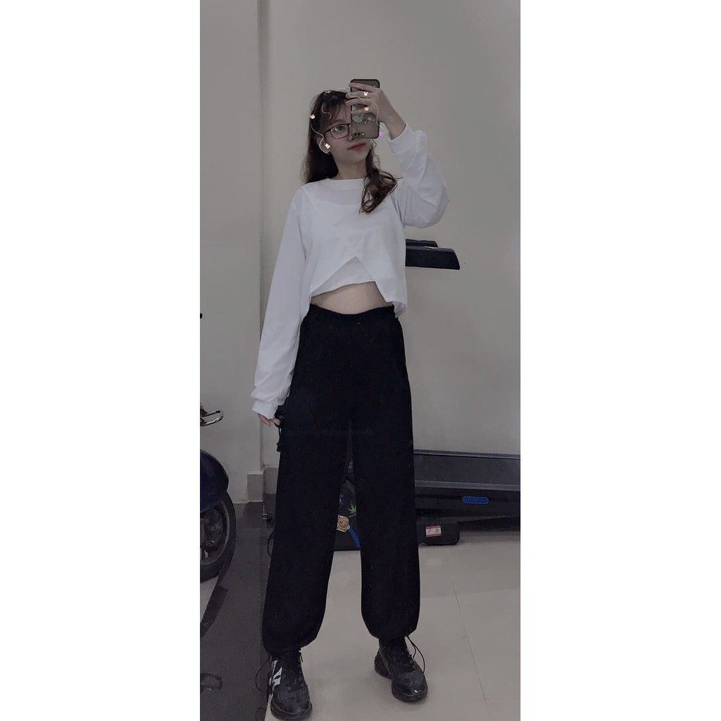 Bộ 3 món áo croptop dài tay + áo 2 dây + quần dài bom có dây rút ống cá tính (kèm video/ảnh thật) nguyễn hoa | BigBuy360 - bigbuy360.vn