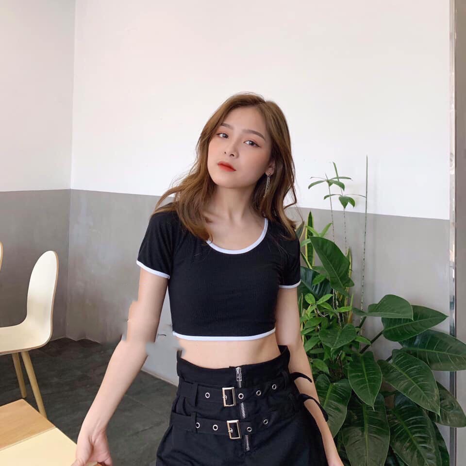 Áo croptop trơn thun lụa viền xinh GB16094
