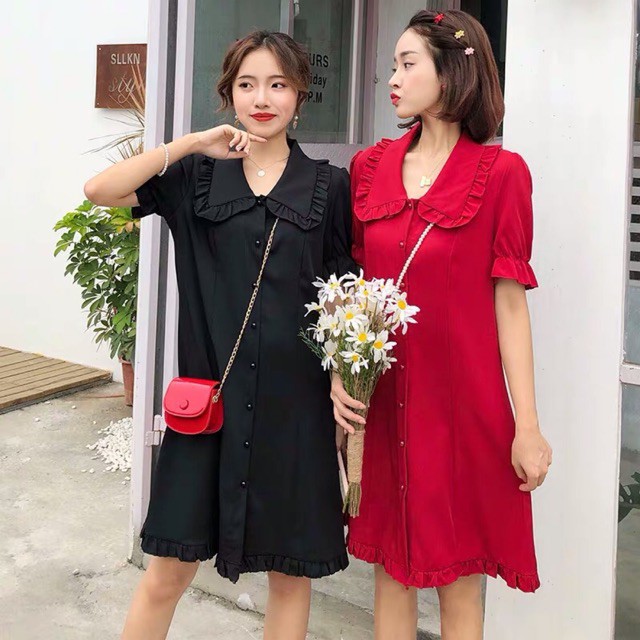 {Sẵn đỏ, sz 4Xl}Váy cổ sen viền dập li tiểu thư