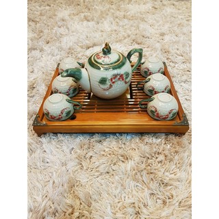 COMBO Bộ Ấm Chén MEN VẼ + KHAY GỖ BỌC ĐỒNG