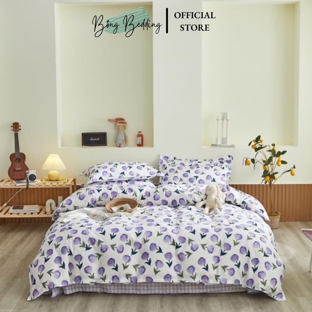 Bộ chăn ga Cotton poly hoa lá chăn ga Hàn Quốc đủ size miễn phí bo chun