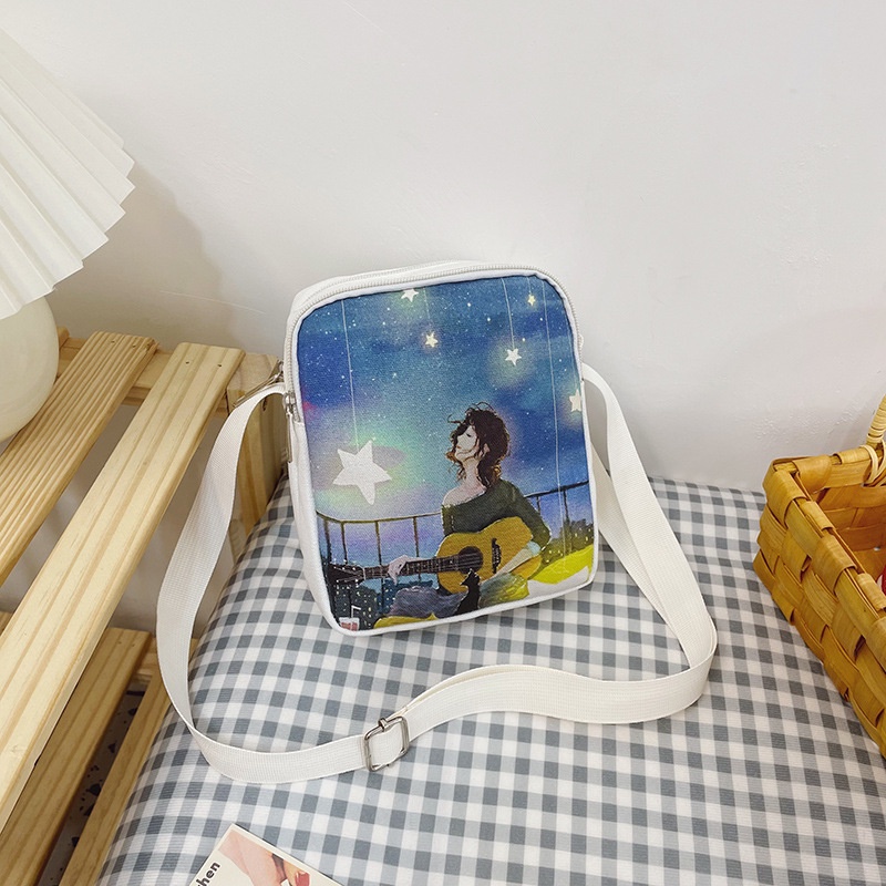 Túi Đeo Chéo Vải Canvas Hình Vuông Nhỏ Nhắn In Họa Tiết Hoạt Hình Dễ Thương Cho Nữ