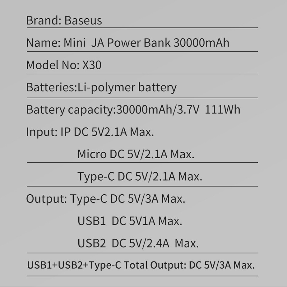 PIN SẠC DỰ PHÒNG BASEUS MINI JA 30.000MAH X30 3 CỔNG CHÍNH HÃNG [NEW 100%]