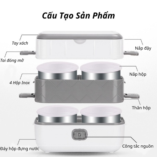 Hộp Đựng Cơm Cắm Điện 2 Tầng 4 Khay Đựng Đồ Ăn, Có Thế Nấu và Làm Nóng đồ ăn Nhanh chóng, Tiện lợi.