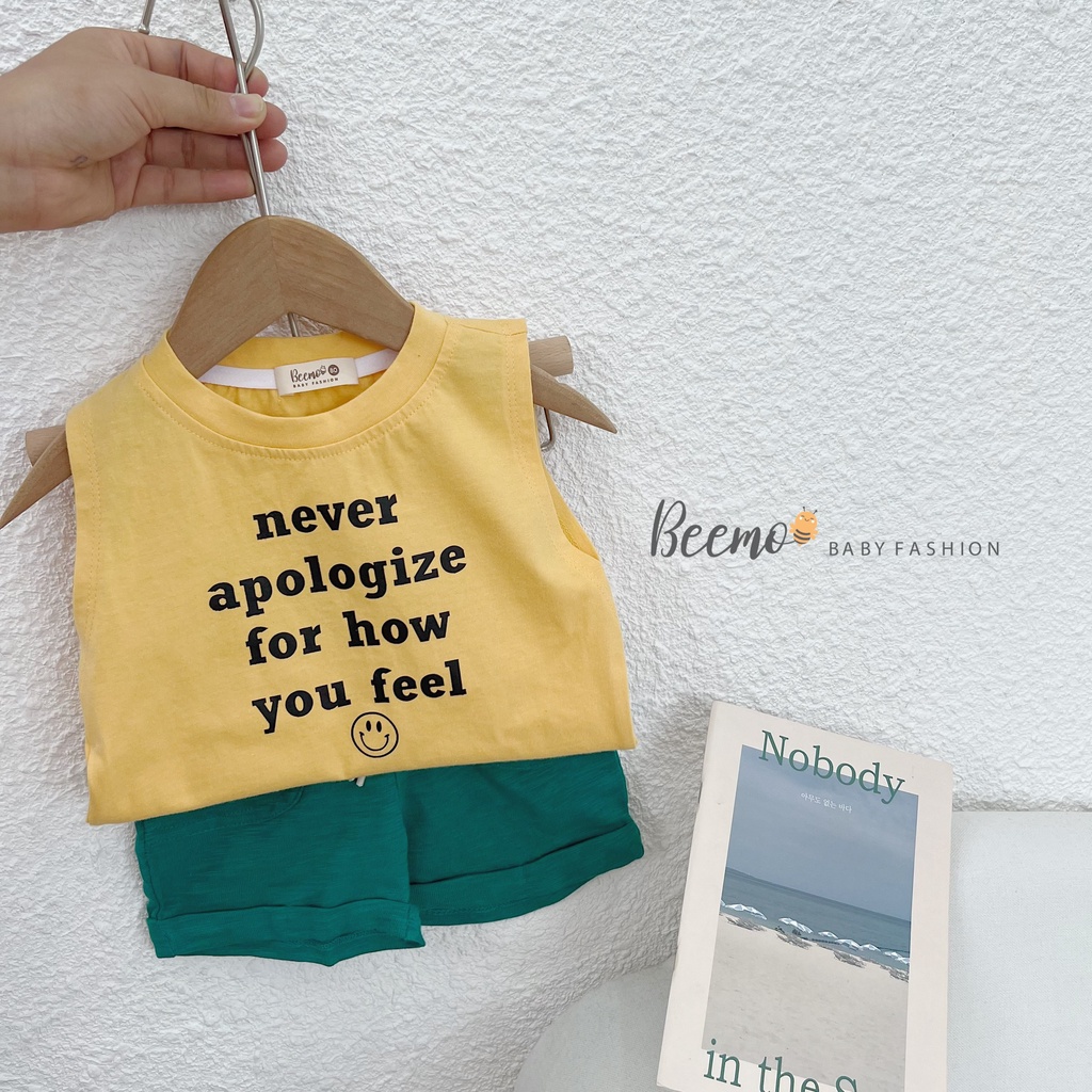 Set bộ quần áo Beemo chất cotton in chữ sát nách 2 màu cho bé trai,bé gái từ 1 đến 6 tuổi - 22147A2
