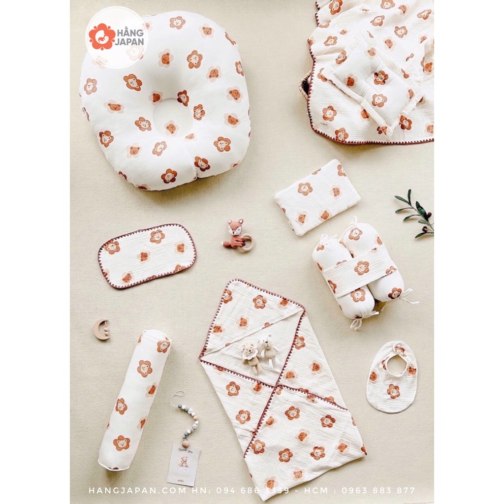 Full set 7 món vải xô Muslin chần bông họa tiết  MOCHEE cao cấp, mềm mại, mỏng nhẹ và ko bị nóng bí lưng cho bé