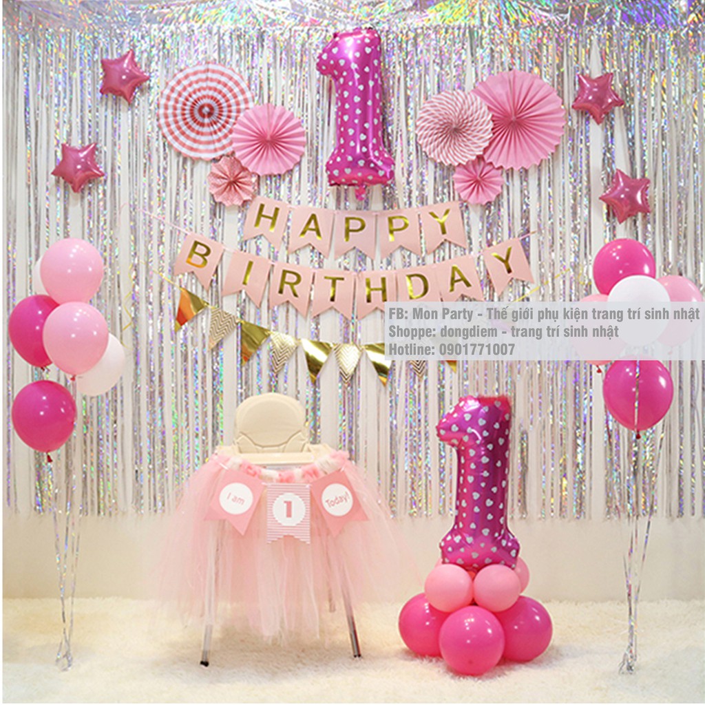 Set bóng trang trí sinh nhật cho bé Mon Party màu hồng kèm set quạt giấy và 2 trụ dựng bóng