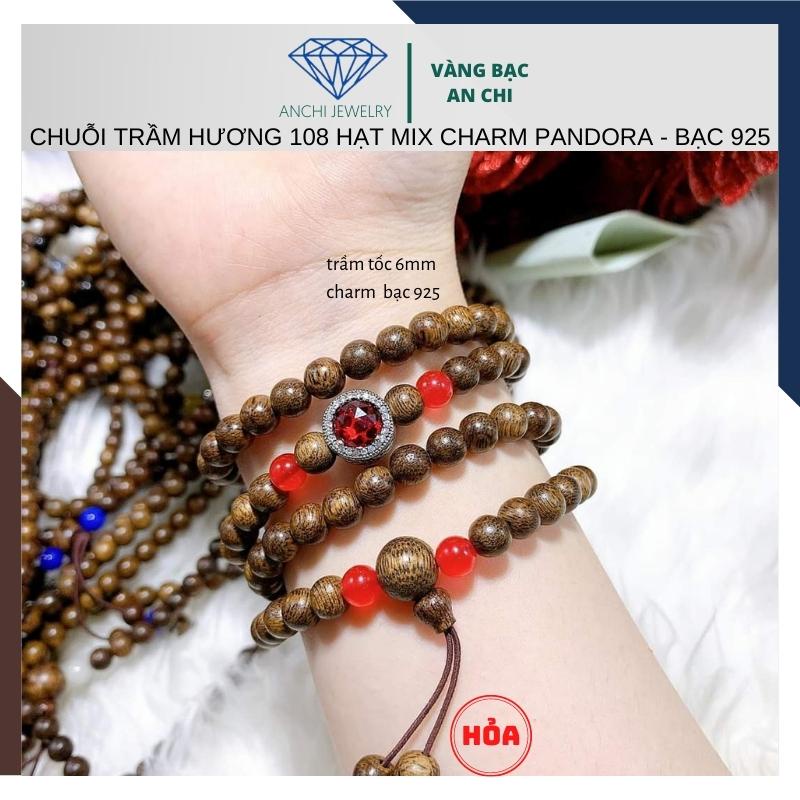Vòng tay trầm hương charm bạc pandora đính đá trắng / xanh / đỏ / vàng / tím - Anchi jewelry