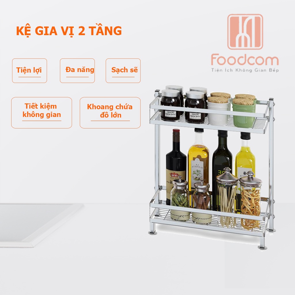 Kệ gia vị 2 tầng FOODCOM chất liệu inox cao cấp giá đựng đồ nhà bếp đa năng