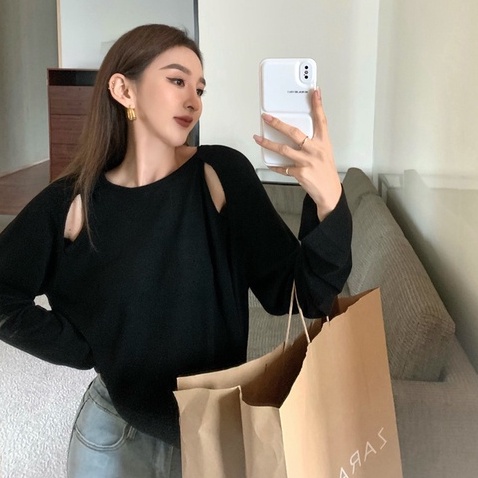 QKOOLE  Áo Thun Dệt Kim Tay Dài Cổ Tròn Màu Sắc Đơn Giản Phong Cách Hàn Quốc Cho Nữ