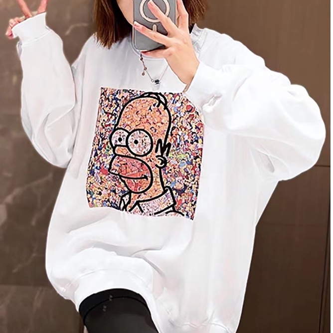 Áo sweater ZHELIHANGFEI cổ tròn in họa tiết hoạt hình dễ phối đồ