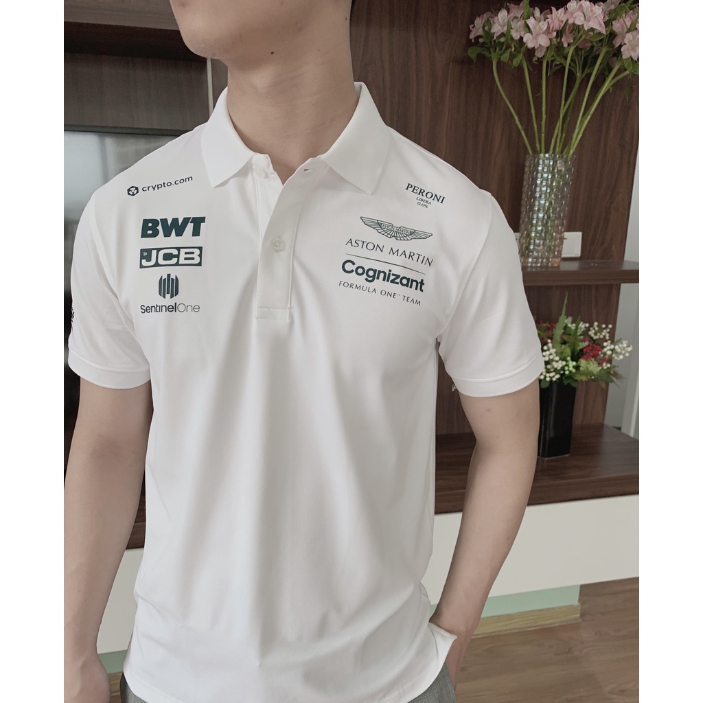 Áo thun nam có cổ F1 Aston Martin, Áo polo cotton thể thao cộc tay full size
