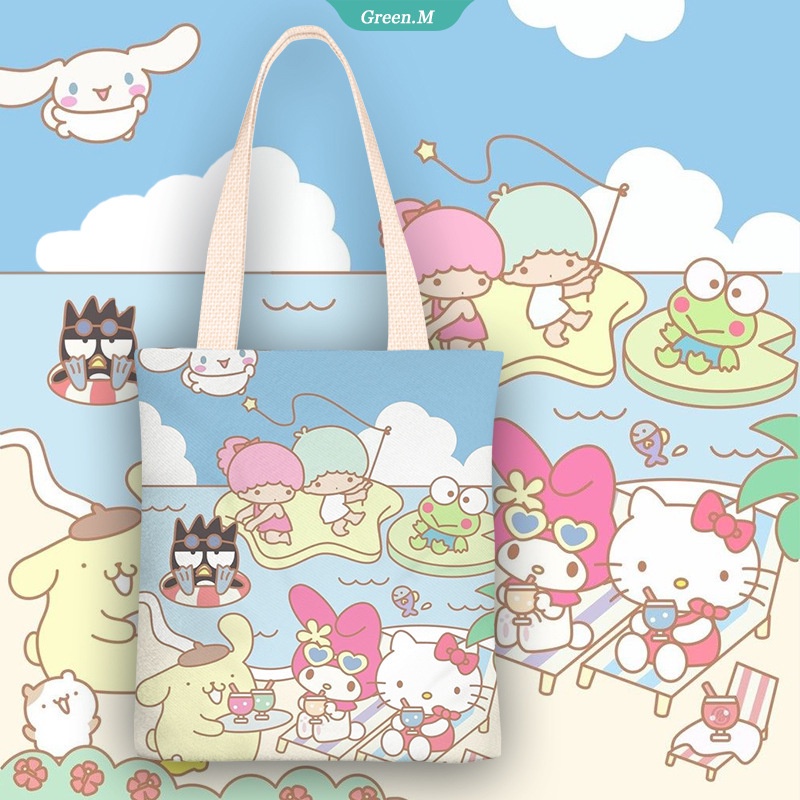 SANRIO Túi Xách Canvas Đeo Vai Đơn Giản In Hình Cinnamoroll Kuromi Melody Pom Pom Dễ Thương Đơn Giản Dành Cho Bạn Nữ