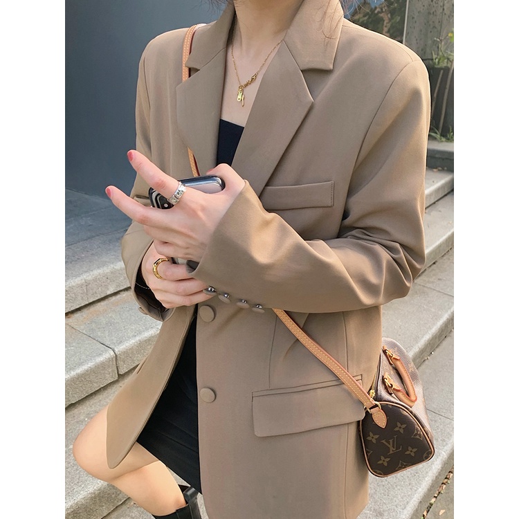 Áo khoác blazer dài tay màu nâu vintage hai lớp phong cách Hàn Quốc (CÓ QUÀ TẶNG KÈM)