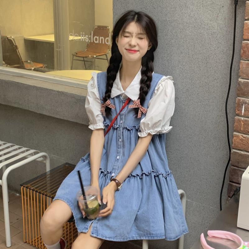 Spot Express [set Áo Sơ Mi Viền Nấm Ngọt Ngào Mùa Hè + Váy Yếm denim Màu Trắng Dễ Phối Đồ Cho Nữ Sinh