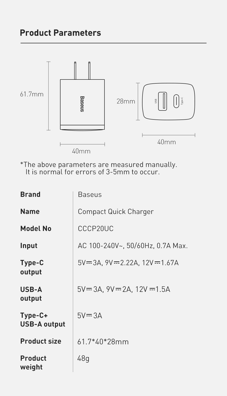 Cốc Sạc Nhanh Baseus QC 3.0 Cổng USB Type C Kép 20W PD 3.0 Cho iPhone