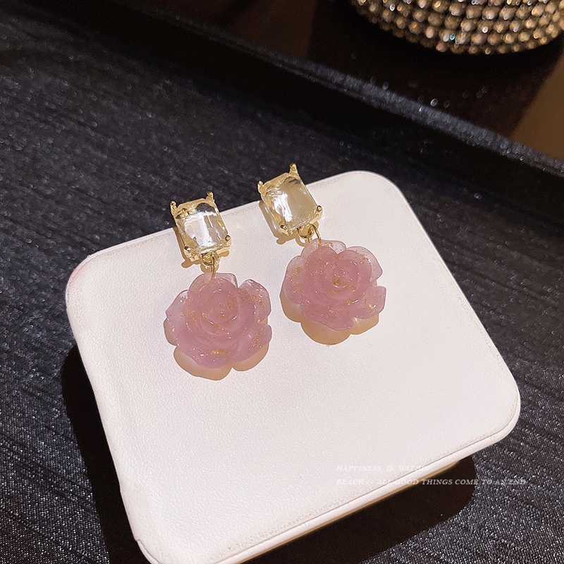 Khuyên Tai Hình Hoa Hồng Đính Đá Pha Lê Phong Cách Pháp Cổ Điển Chất Lượng Cao