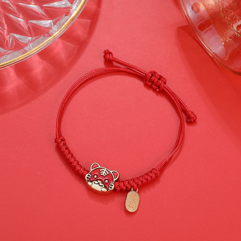 Vòng Tay Dây Đỏ May Mắn Mặt Hình Đầu Hổ Hoạt Hình Phong Cách Trung Hoa