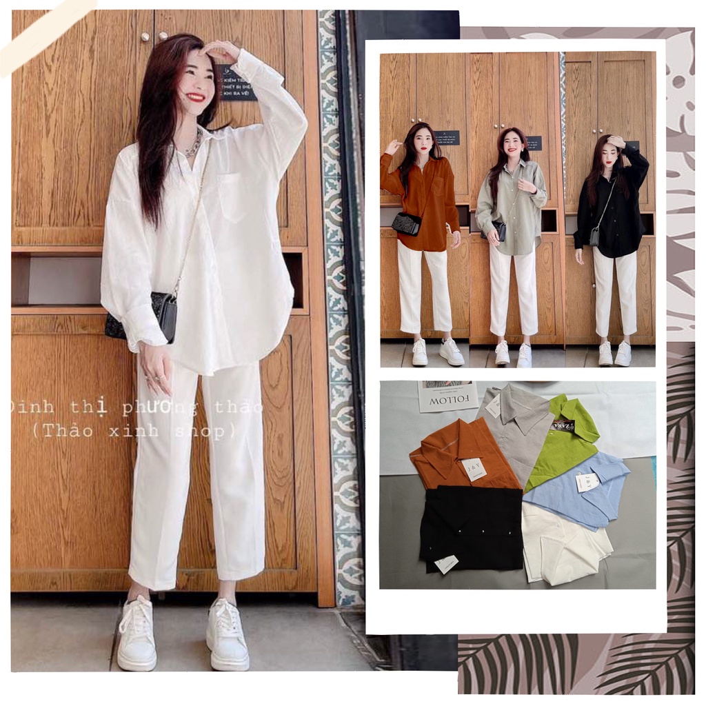 SQ004 Bộ áo sơ mi ba màu và quần Culottes trắng, bộ áo dài tay có túi ngực mix quần suông ulzzang phong cách, cá tính