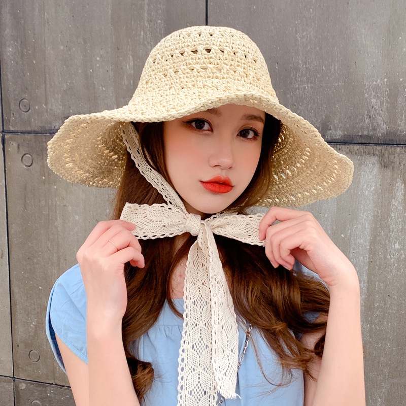 Mũ cói đi biển thời trang vành rộng 12Cm quai ren cách điệu có dây điều chỉnh vòng đầu bên trong nón