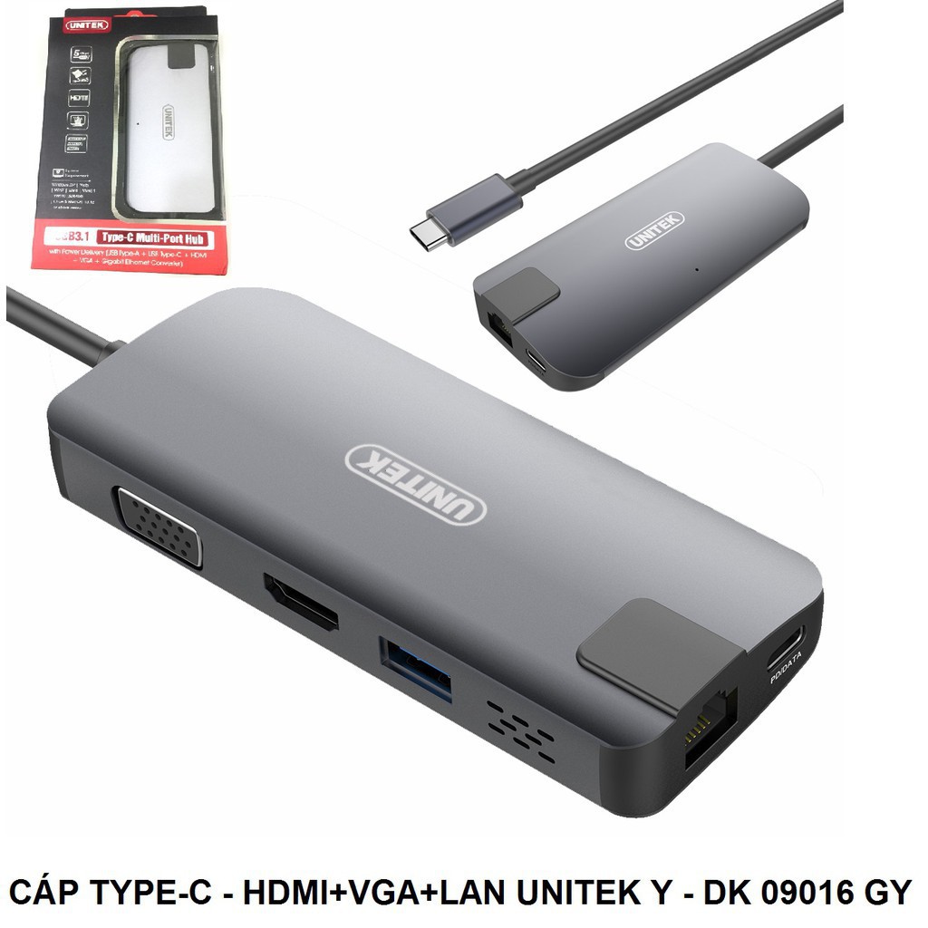 Bộ Chia/ Hub Type-C Ra HDMI / VGA / LAN Cao Cấp | Unitek Chính Hãng | Y-DK 09016 GY