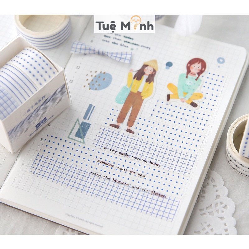 Set washi tape dài 3m họa tiết kẻ, chấm bi - bộ băng dính trang trí sổ Bullet Journal, thiệp