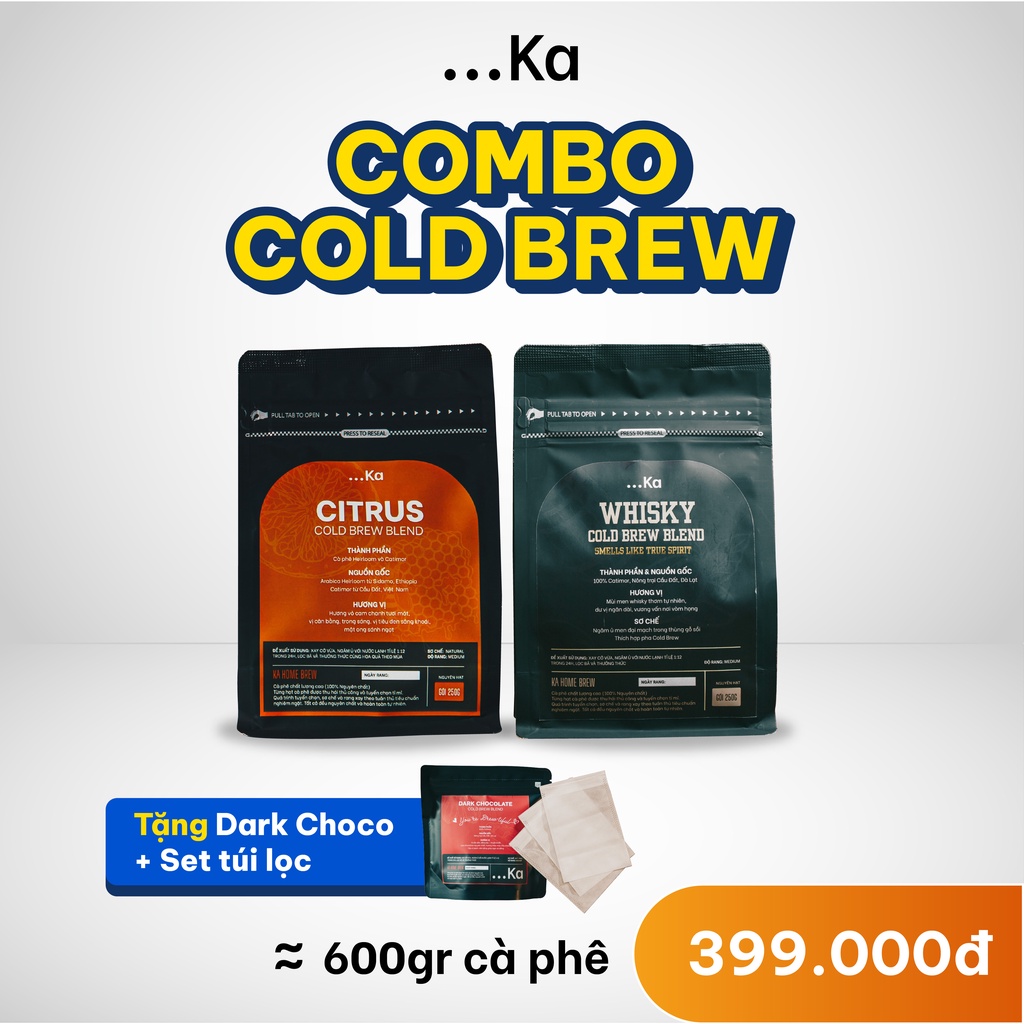 COMBO 2 gói Cà phê Arabica pha Cold Brew, Cà phê Arabica Cầu Đất ủ men đại mạch hương Whi$ky hương cam chanh hậu vị ngọt