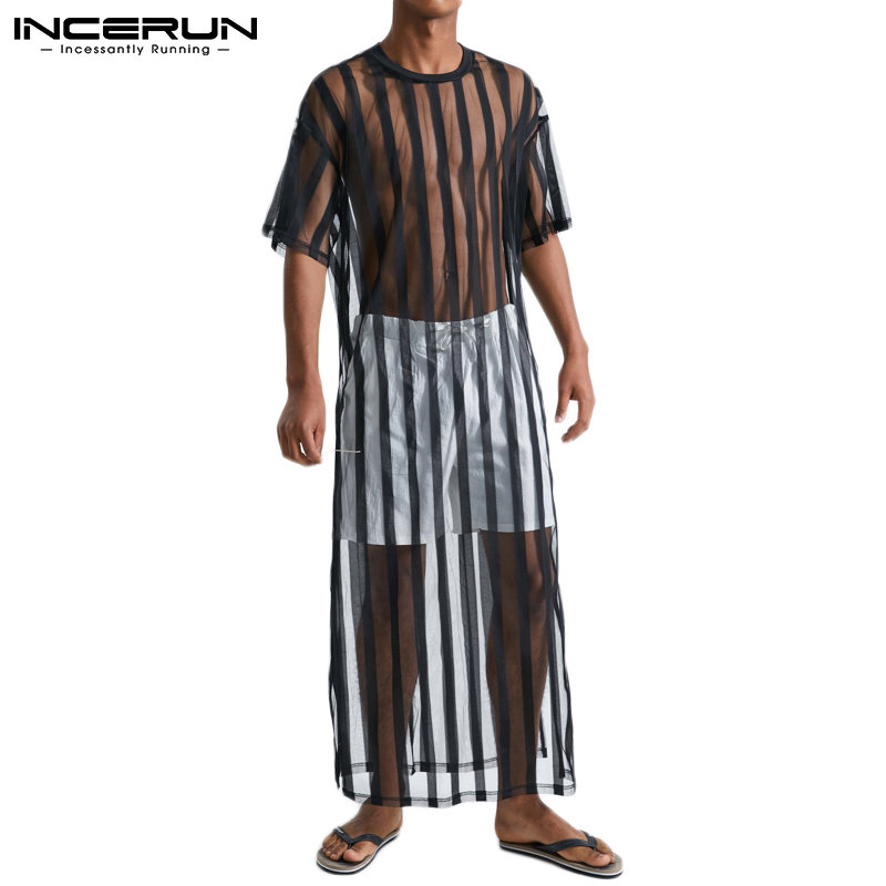 INCERUN Mens Sexy Transparent Striped Round Neck Short Sleeve Long Tops