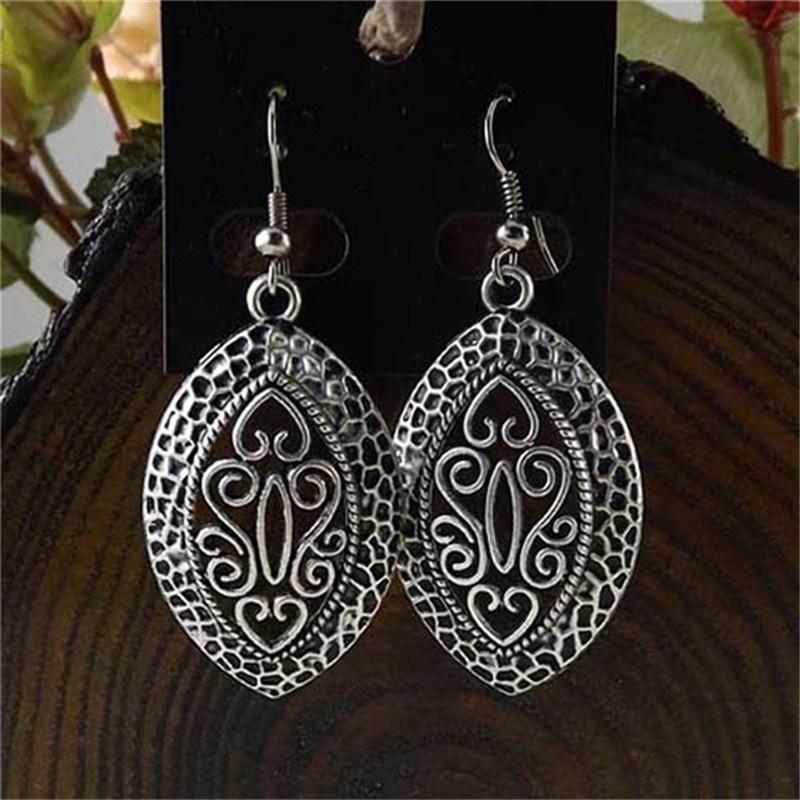 Women Simple Jewelry Bohemia Fashion Silver Hollow Carved Water Drop Earrings Gift