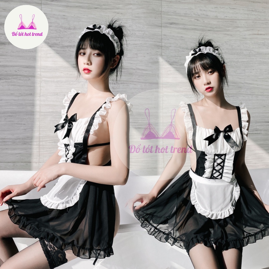 Set đồ ngủ sexy Cosplay hầu gái cao cấp hở lưng cá tính gợi cảm - Tặng kèm bờm tóc, quần lót lọt khe | BigBuy360 - bigbuy360.vn
